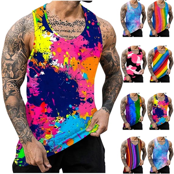UVEASISHA Rainbow Graphic Workout Shirts for Men Summer Quick Dry Gym Tank Tops Scoop Neck Sleeveless Beach Shirt Casual Fitness Muscle Tanks Camouflage 4XL