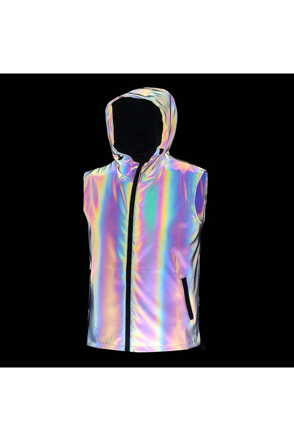 Rainbow Reflective Vest for Men Fashion Sleeveless Hooded Jacket Night Out High Visibility Cycling Running Safety Vest with Pockets Black M