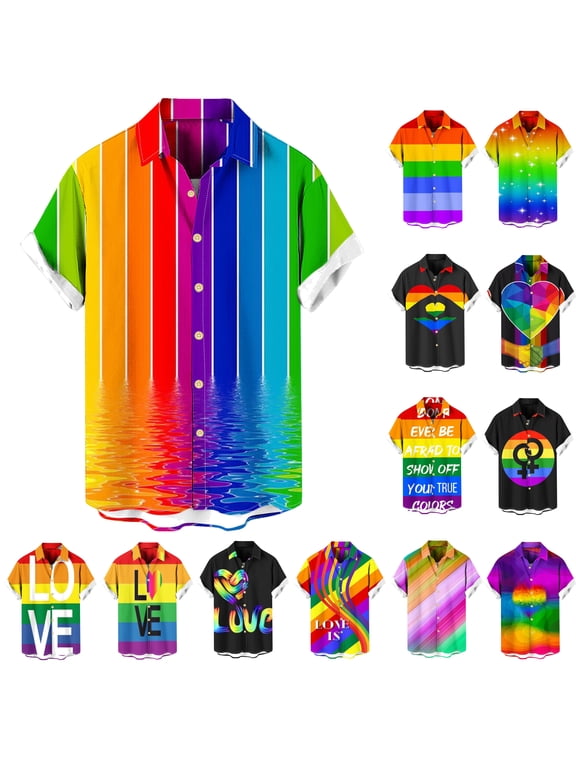 Rainbow Shirt Mens,Men's Beach Shirts Gay Pride Rainbow Summer Short Sleeve Button Down Vacation Shirt Gift 2024,Multicolor,L