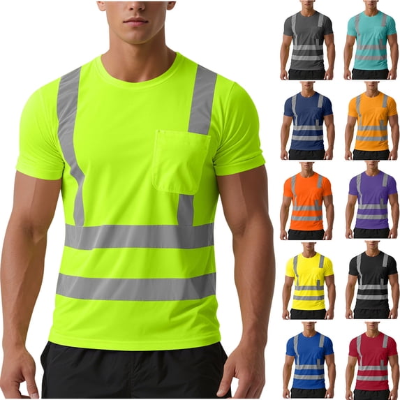 UVEASISHA Reflective T Shirts for Men Class 3 High Visibility Construction Work Tees Mesh Moisture Wicking Safety T-Shirt Hi Vis Quick Dry Workout Shirt with Front Pocket Gold M