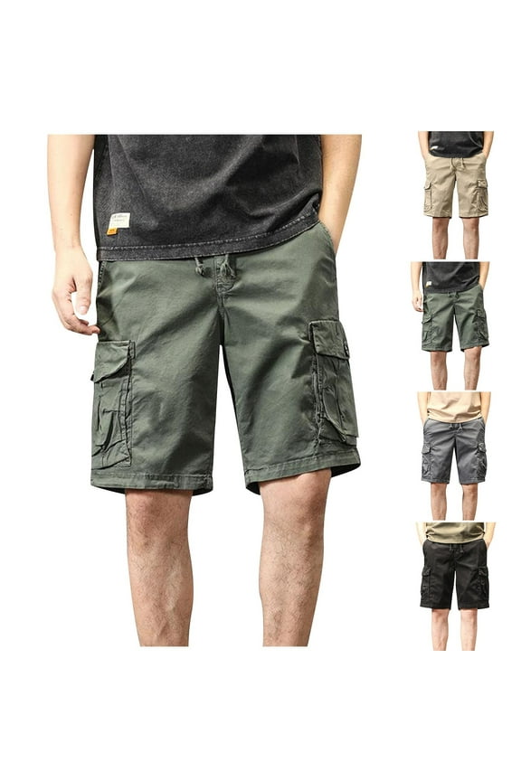 Ripstop Cotton Cargo Shorts for Men Lightweight Multi-Pocket Hiking Work Shorts Elastic Waist Drawstring Short Pants Khaki XL