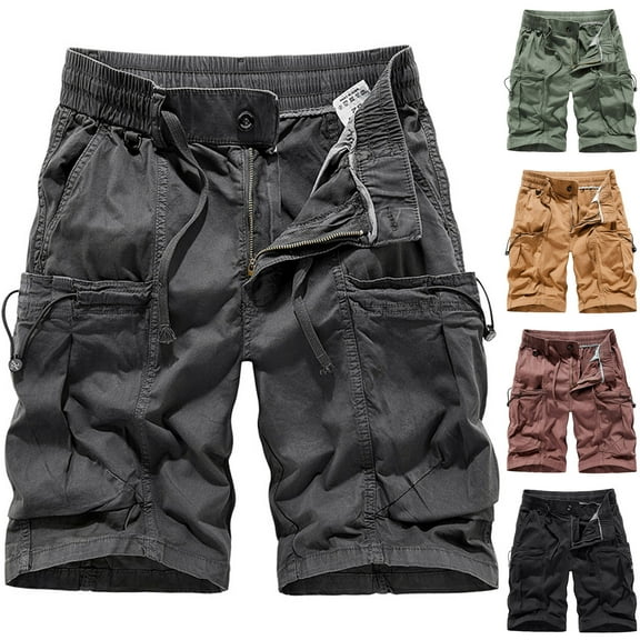 UVEASISHA Ripstop Cotton Cargo Shorts for Men Summer Outdoor Hiking Shorts Elastic Waist Drawstring Work Shorts with Multi Pockets Khaki M