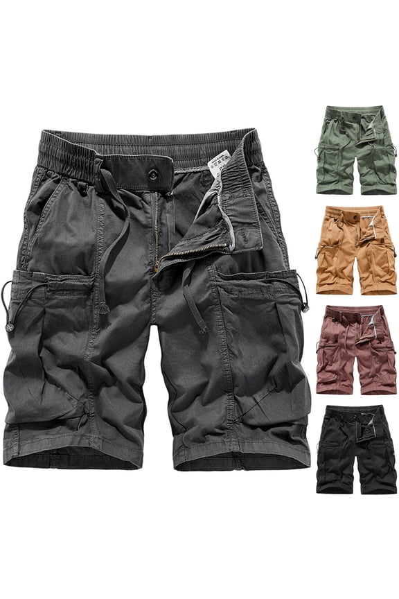 Ripstop Cotton Cargo Shorts for Men Summer Outdoor Hiking Shorts Elastic Waist Drawstring Work Shorts with Multi Pockets Khaki S