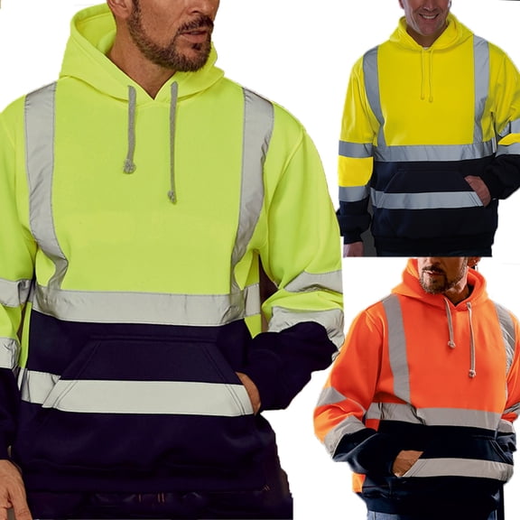UVEASISHA Safety Hoodies for Men Reflective Hi Vis Hooded Sweatshirt Big and Tall Long Sleeve High Visibility Drawstring Hoody Outdoor Worker Yellow M
