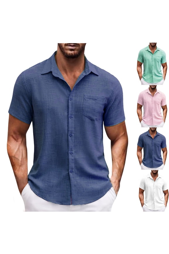 Sales Today Clearance Mens Linen Beach Shirts Solid Color Short Sleeve Button Down Shirt Lightweight Quick Dry Beach Shirts Breathable Casual Hawaiian Shirt with Pocket White XL