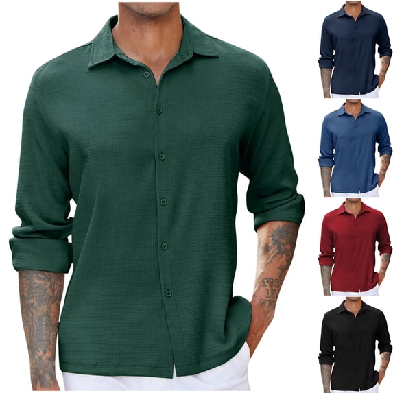 UVEASISHA Sales Today Men's Lightweight Button Down Shirts Solid Color Casual Long Sleeve Spread Collared Beach Shirts Textured Summer Cuban Guayabera Shirts Black L