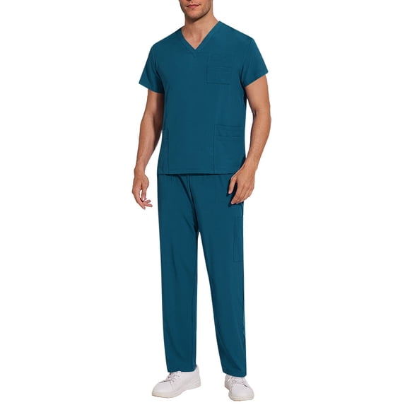 UVEASISHA Scrubs for Men Medical Uniforms V-Neck Scrub Top Drawstring Straight Pants Anti-Wrinkle Scrubs Sets with Multi Pockets Navy M