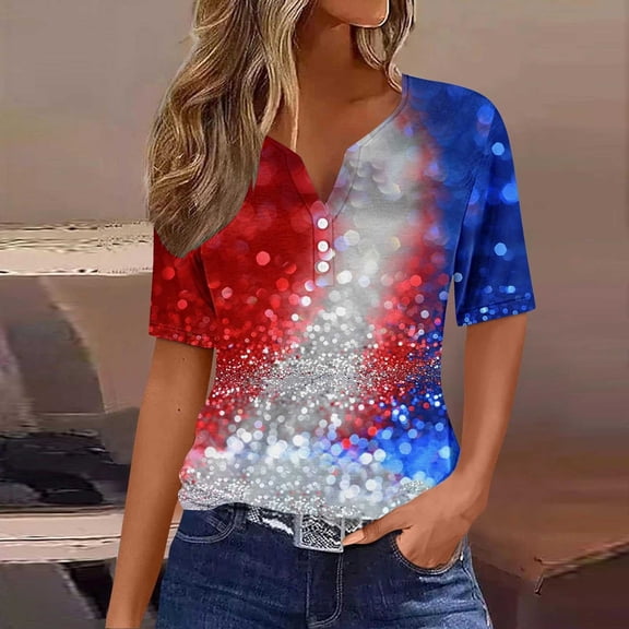 UVEASISHA Sequin Henley Shirts for Women Short Sleeve Patriotic Graphic Tees 4th of July Causal Party Tops Multicolor L