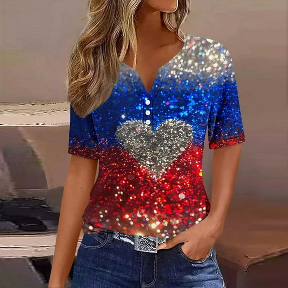 UVEASISHA Sequin Henley Shirts for Women Short Sleeve Patriotic Graphic Tees 4th of July Causal Party Tops Multicolor M