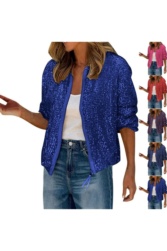 Sequin Jackets for Women Casual Sparkly Bomber Jacket Zip Up Cardigans Trendy Concert Tops Blue XXL
