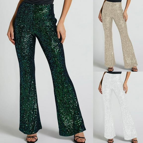 UVEASISHA Sequin Pants for Women High Waist Sparkly Flare Leg Pants 2025 Trendy Y2K Party Club Pants White S