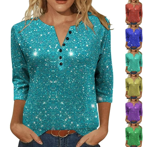 UVEASISHA Sequin Print Tops for Women Plus Size 3/4 Length Sleeve Crewneck Tee Shirts Going Out Tunic Pullover Rebajas flash Blue L
