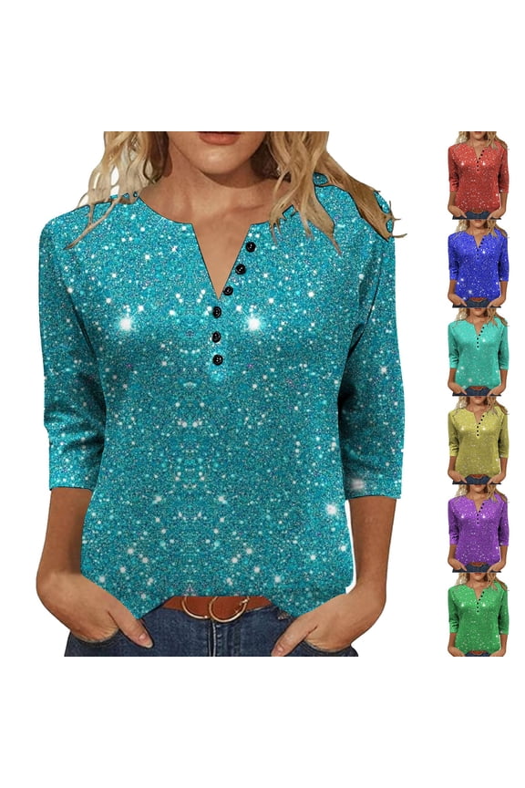 Sequin Print Tops for Women Plus Size 3/4 Length Sleeve Crewneck Tee Shirts Going Out Tunic Pullover Rebajas flash Blue L