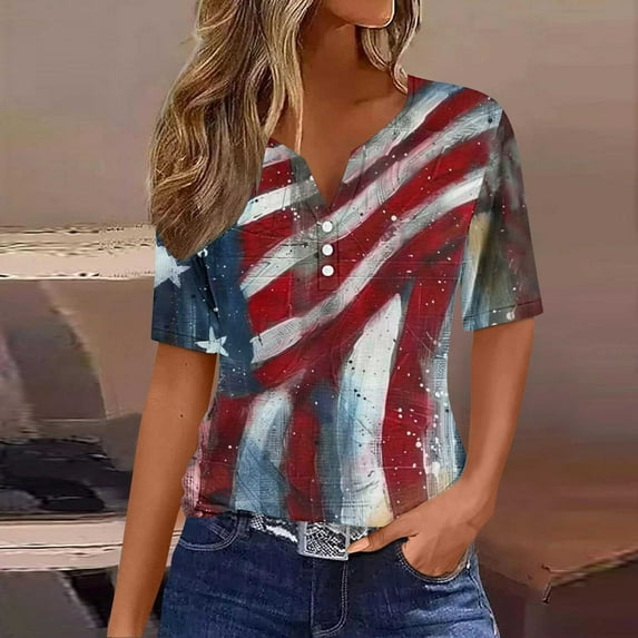 UVEASISHA Sequin Printed Tops for Women Short Sleeve American Flag Henley Shirt USA Independence Day Patriotic Tshirt Multicolor S