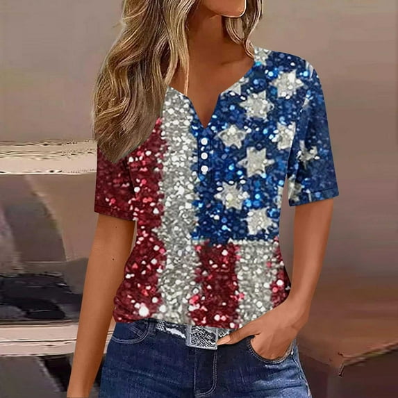 UVEASISHA Sequin Printed Tops for Women Short Sleeve American Flag Henley Shirt USA Independence Day Patriotic Tshirt Multicolor S