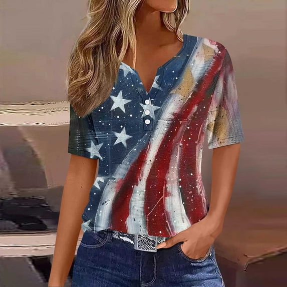 UVEASISHA Sequin Printed Tops for Women Short Sleeve American Flag Henley Shirt USA Independence Day Patriotic Tshirt Multicolor S