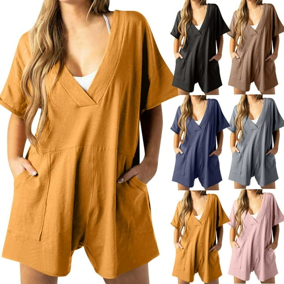 UVEASISHA Short Rompers for Women Oversized Deep V Neck Wide Leg Overall Shorts One Piece Casual Summer Jumpsuits with Pockets Khaki XXL