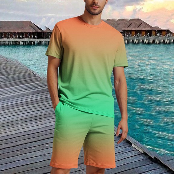UVEASISHA Short Set for Men 2 Piece Gradient Outfits Summer Causal Athletic Set Stretch Quick Dry Track Suits Green M