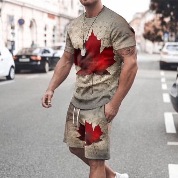 UVEASISHA Short Set for Men 2 Piece Outfits Canadian Maple Leaf Tracksuit Set Casual Summer Workout Sets Khaki M
