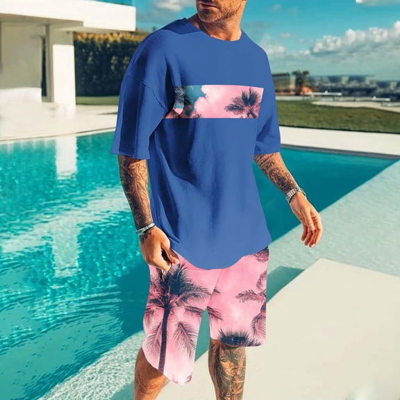UVEASISHA Short Sets for Men 2 Piece Outfits Hawaiian Beach Set Tropical Short Sleeve T Shirt and Shorts Blue XXXXL
