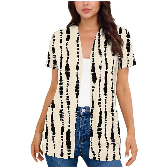 UVEASISHA Short Sleeve Cardigans Women V Neck Open Front Kimono Boho Printed Beach Cover Up with Pockets Khaki M