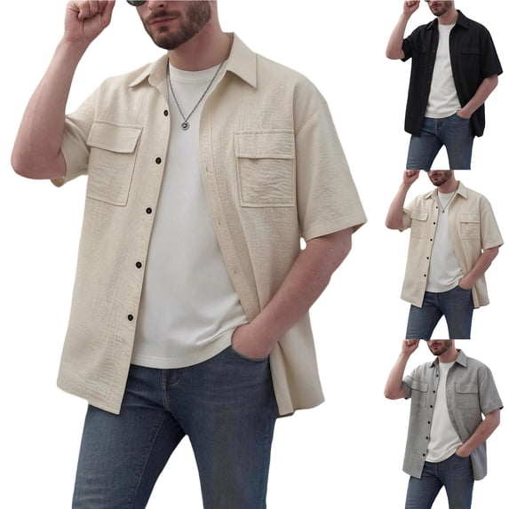 UVEASISHA Short Sleeve Cargo Shirts for Men Summer Casual Button Down Shirt Solid Color Lightweight Work Shirts Regular Fit Collared Shirt with Pockets Gray M