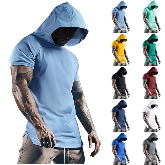 UVEASISHA Short Sleeve Hoodie for Men Mesh Hooded Tshirt Side Split Hoodies Cooling Summer Workout Athletic Sweatshirts Blue L