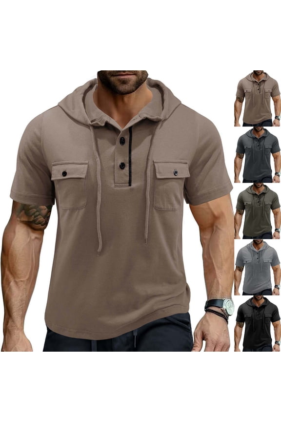 Short Sleeve Hoodies for Men Summer Workout Athletic Hooded Tshirt Drawstring Button Collar Hoodie with Pockets Khaki XL