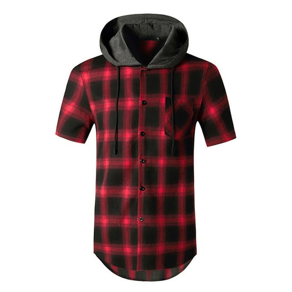 UVEASISHA Short Sleeve Plaid Hoodie Men,Men's Flannel Short Sleeve Shirt Casual Hooded Plaid Button Down Shirts Slim Fit Mens Summer Hoodie Shirt