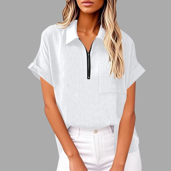 UVEASISHA Short Sleeve Shirt for Women Half Zipper Collared Linen Shirt Lightweight Quick Dry Blouse with Pocket White L