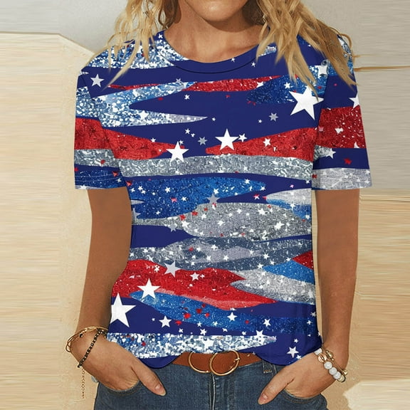 UVEASISHA Short Sleeve Shirt for Women Independence Day Patriotic Shirts Novelty Tie Dye Print T-Shirt Casual Party Clubwear Tops Multicolor L