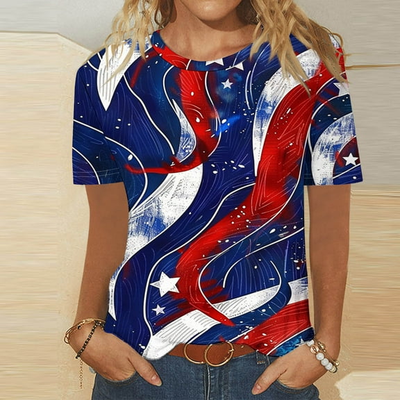 UVEASISHA Short Sleeve Shirt for Women Independence Day Patriotic Shirts Novelty Tie Dye Print T-Shirt Casual Party Clubwear Tops Multicolor M