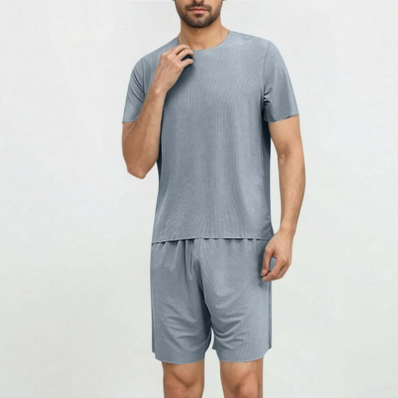 UVEASISHA Silky Pajama Sets for Men 2 Piece Sets Lightweight Comfy Lougnewear Short Sleeve Tee Tops and Shorts Lounge Set Blue XXL