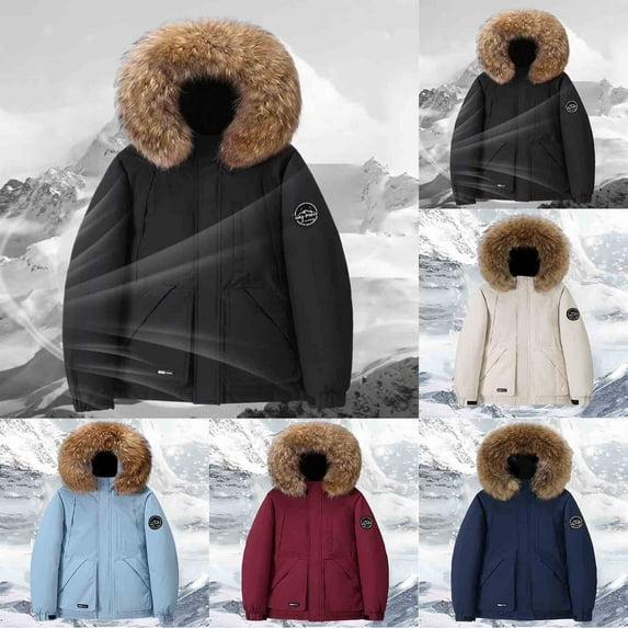UVEASISHA Ski Coats for Men Faux Fur Trim Hooded Parka Jackets Winter Waterproof Insulated Padded Coat Thick Thermal Puffer Jacket with Pockets Navy S