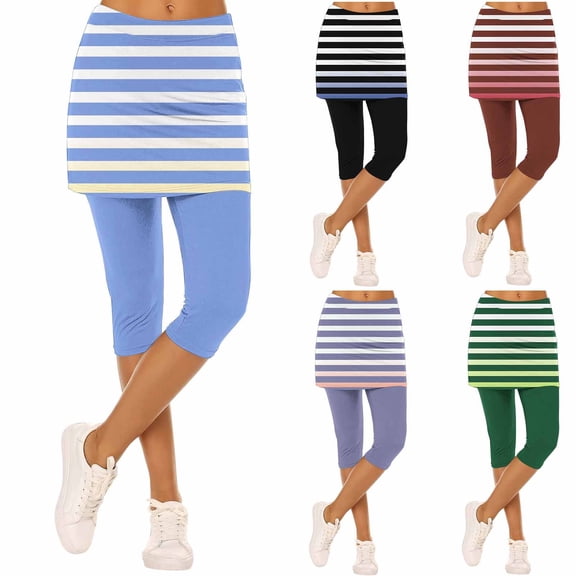 UVEASISHA Skirted Legging for Women Capri Gym Pants with Striped Skirt Tummy Control Athletic Tights Army Green M