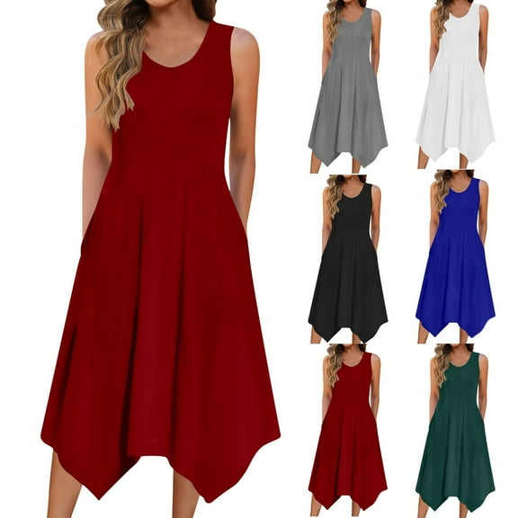 UVEASISHA Sleeveless Dresses for Women Handkerchief Hem Midi Tank Dress Flowy Casual Beach Sundress with Pockets Black M