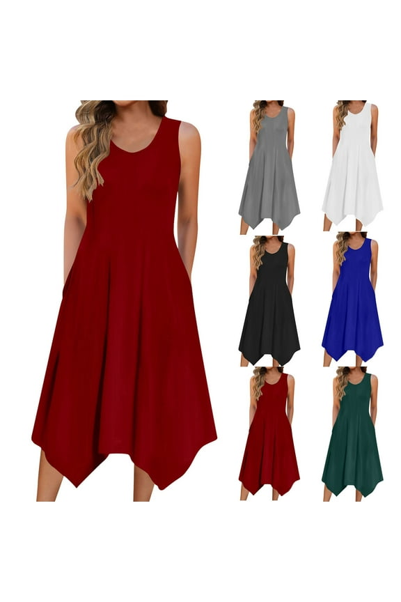 Sleeveless Dresses for Women Handkerchief Hem Midi Tank Dress Flowy Casual Beach Sundress with Pockets Blue XXL