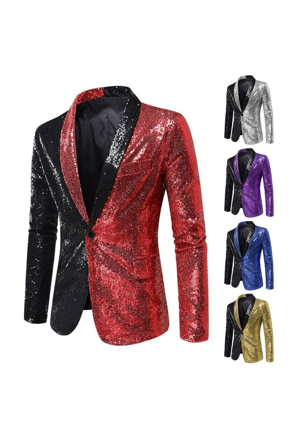 Slim Fit Blazers for Men,Mens One Button Sequin Dress Suit Jacket Stylish Colorblock Party Jackets Glitter Festival Tuxedo Daily Clearance Sale,Gold,S