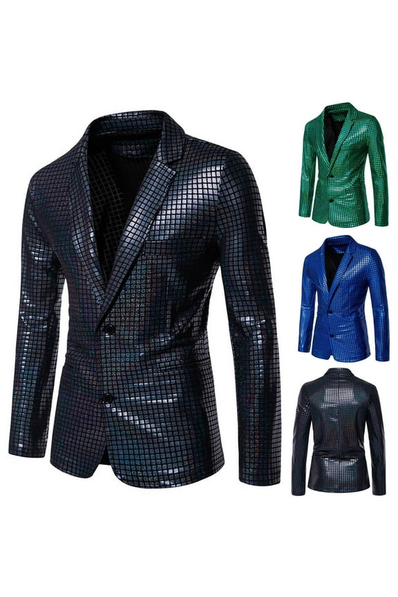 Slim Fit Formal Suits for Men Shiny Prom Party Jackets Single Breasted Notch Lapel Stylish Tuxedo Fashion Dinner Suit Jacket,Black,S