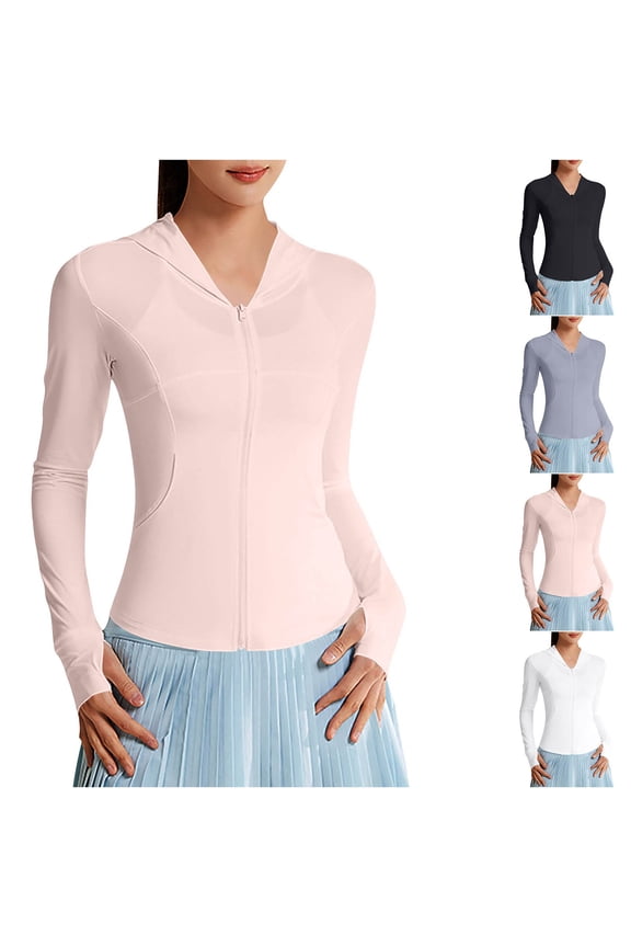Slim Fit Yoga Sportwear for Women Lightweight Full Zip Running Track Jacket Solid Sun Protection Shirt with Thumb Holes Pink XL