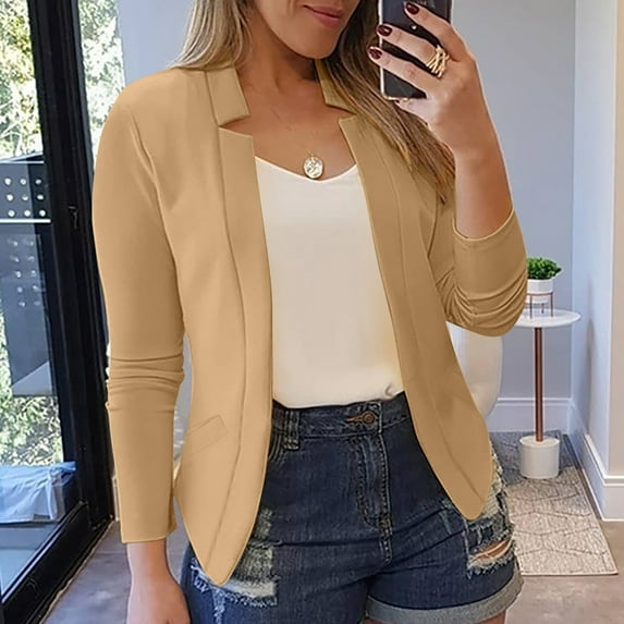 UVEASISHA Blazers for Women Business Casual Long Sleeve Lapel Cardigans Lightweight Work Jackets with Pockets Khaki XXXXXL