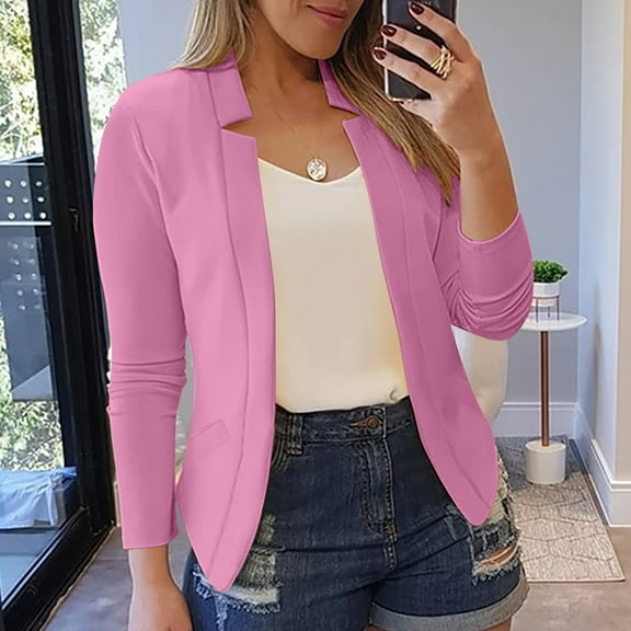 UVEASISHA Blazers for Women Business Casual Long Sleeve Lapel Cardigans Lightweight Work Jackets with Pockets Pink L