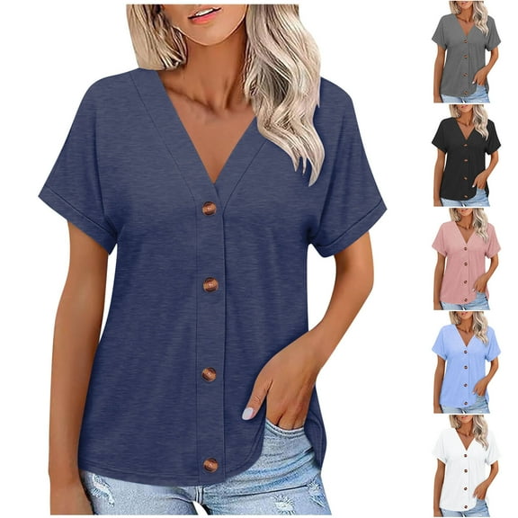 UVEASISHA Solid Cardigan for Women Short Sleeve V Neck Button Down Cardigan Summer Casual Outwear Navy M