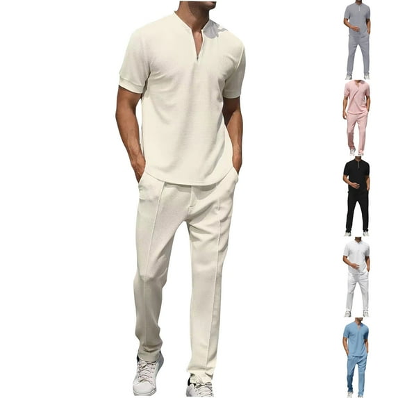 UVEASISHA Solid Color Sets for Men,Mens Jogging Outfit Fashion Zip Up Short Sleeve Shirts Tracksuits 2 Piece Casual Long Pant Suits Set with Pocket