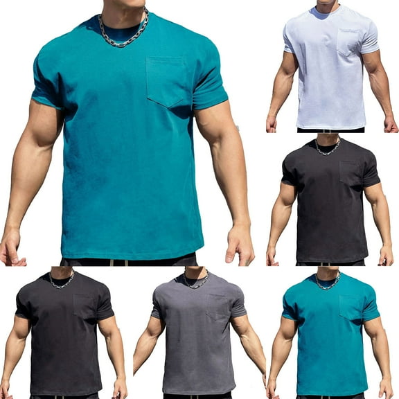 UVEASISHA Solid T-Shirt for Men Short Sleeve Cotton Crew Neck Tshirt Moisture Wicking Training Sport Tee Tops with Pocket Blue L
