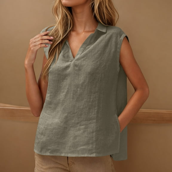 UVEASISHA Solid Tank Top for Women Sleeveless Collared V Neck Tee Tops Side Split Hem Casual Blouse Gray M