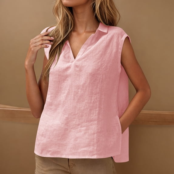 UVEASISHA Solid Tank Top for Women Sleeveless Collared V Neck Tee Tops Side Split Hem Casual Blouse Pink L