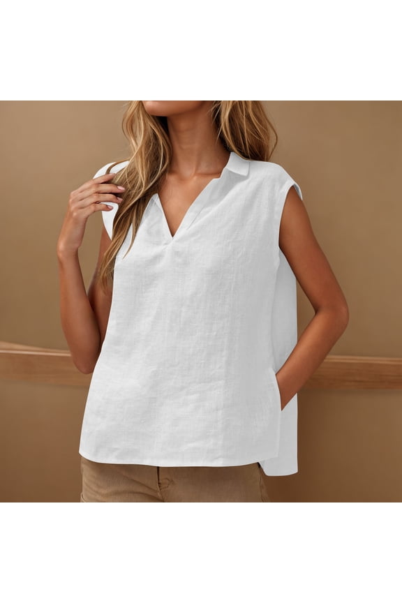 Solid Tank Top for Women Sleeveless Collared V Neck Tee Tops Side Split Hem Casual Blouse White XXL