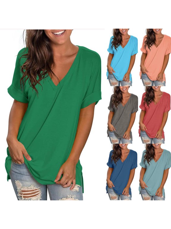 Solid V Neck Tshirt for Women Short Sleeve Side Split Tee Tops Basic Summer Tees Stretch Casual Workout Shirts Gray XL