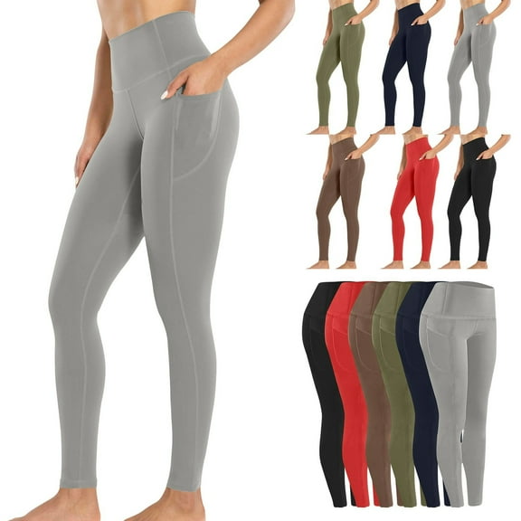 UVEASISHA Solid Yoga Pants with Pockets for Women High Waist Butt Lifting Workout Leggings Shapewear Stretch Fitness Tights Khaki XXL